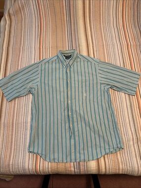 Nautica Teal and White Striped Short-Sleeve Button-Down Shirt